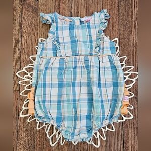 Ruffle Butt's Blue Plaid with Orange Ruffles Romper Size 12-18 months